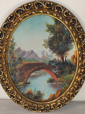 Oval vintage painting on canvas with golden frame used