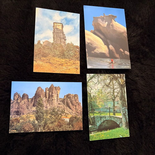 Set of 4 used vintage postcards Meteora, Halkidiki and stone bridge