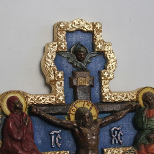 Wooden carved cross painted new with egg tempera and gilding
