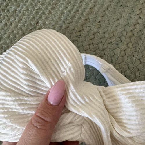 White Ribbed Bandeau Bikini Top used, strapless, adjustable back