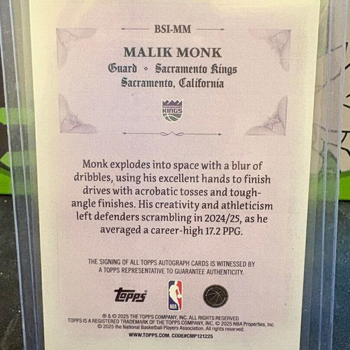 2025-26 Topps Flagship Malik Monk Signed and Sealed Holo Foil Auto like new