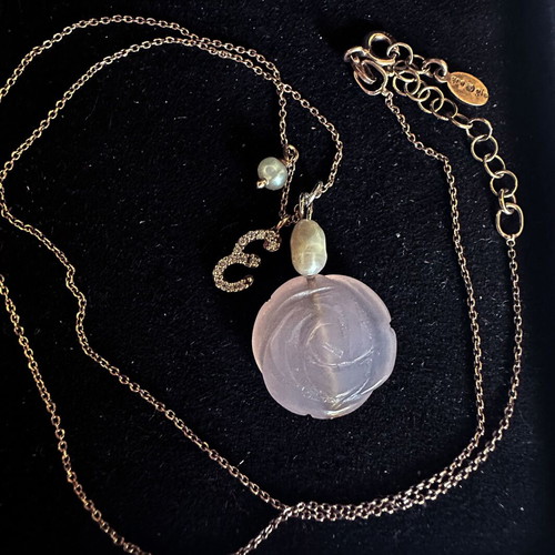 Gregio silver necklace used with rose quartz, pearls and zirconia charms