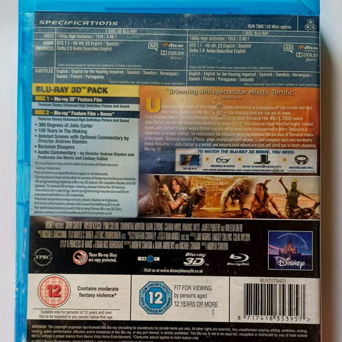 John Carter 3D Blu-ray movie used with English subtitles