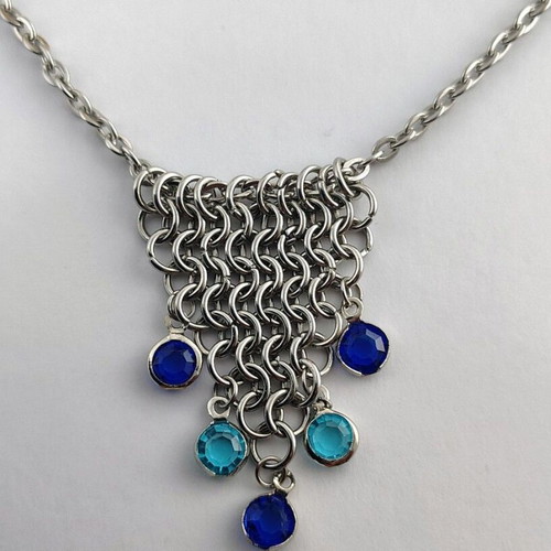 Handmade steel necklace European chainmail with blue crystals new