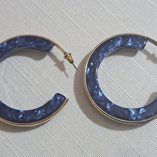 Blue and gold crescent moon earrings with iridescent stone