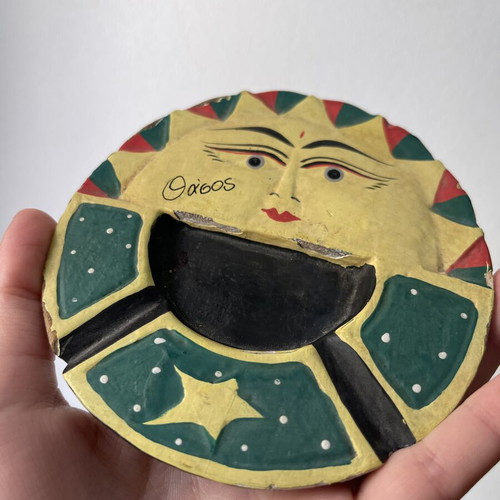 Vintage wooden ashtray Thasos with sun and moon design, used