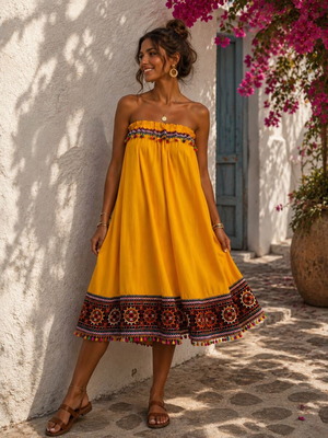 Φόρεμα Boho Ινδικό στράπλες σαν καινούργιο, βαμβακερό, κίτρινο με πολύχρωμα φουντάκια