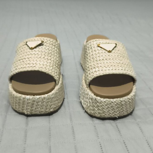 Prada women's beige crochet flatform slides, size 38