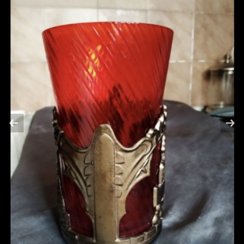 Vintage podstakan glass used, red glass with metal holder