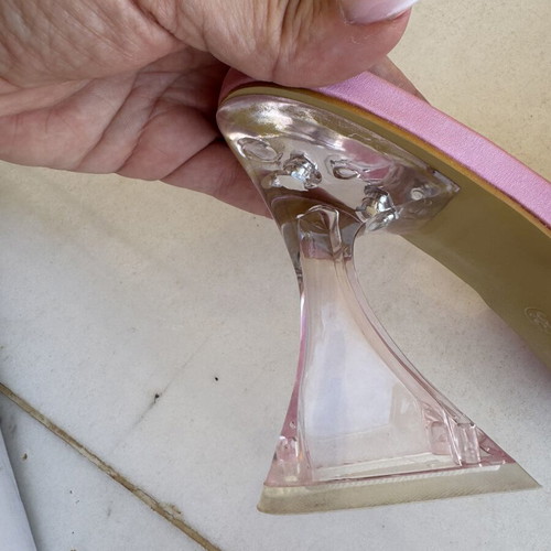 Pink satin mules with strass used, clear plexiglass heel, size 40