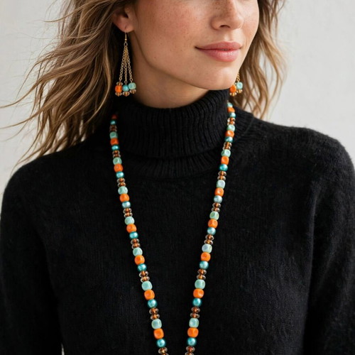 Handmade orange and green color long necklace and earrings set
