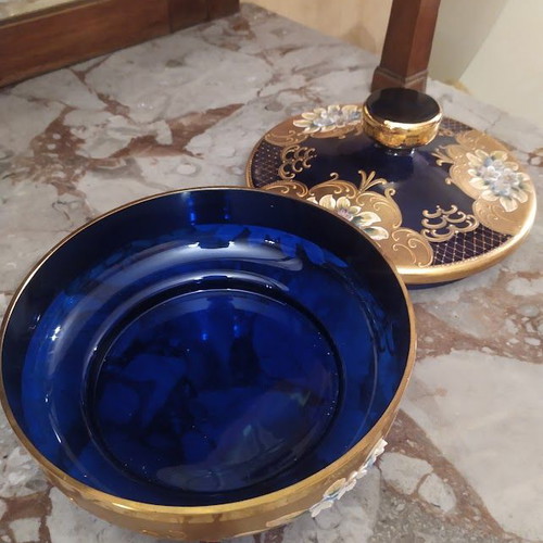 Murano crystal blue and gold fondue pot with lid