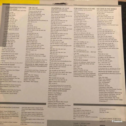 Vinyl Dionne Warwick Reservations For Two English European Copy Soul-Jazz R&B Album