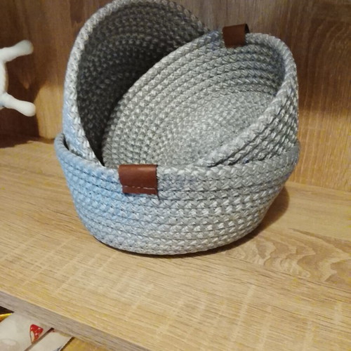 Set of 3 decorative fabric storage baskets with leather details, new
