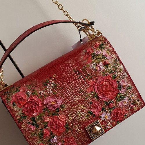 Leather crossbody bag red with hand-painted floral design new