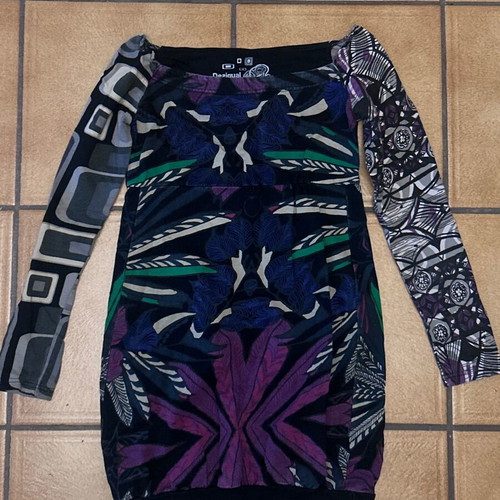 Desigual vintage off-shoulder Y2K graphic bodycon dress size medium