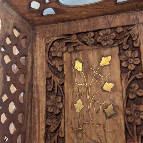 Handmade Indian carved wooden vintage tray with brass inlay