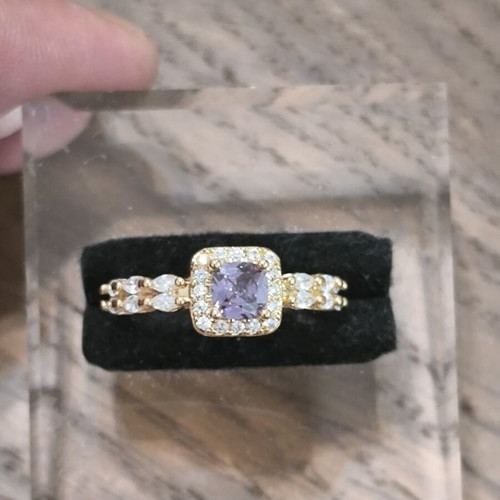 Gold ring with purple square zircon and white stones, adjustable