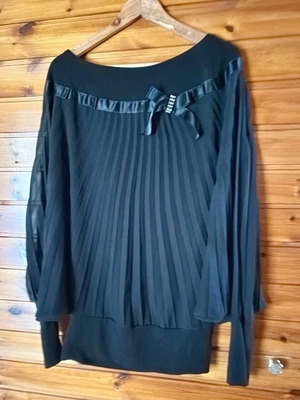 Bonn pleated black blouse with semi-transparent bat design like new