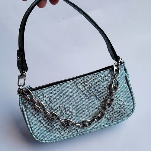 By Far Rachel Mini Bag New Denim Print with BF Logo Studs