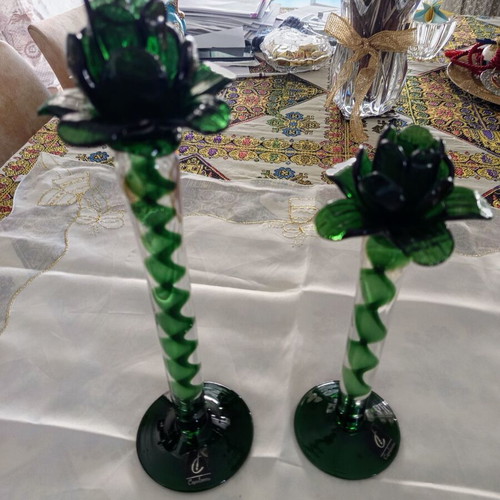 Pair of vintage Italian Capolavoro candlesticks used, handmade green glass