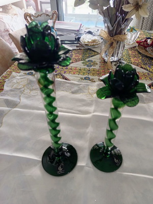 Pair of vintage Italian Capolavoro candlesticks used, handmade green glass