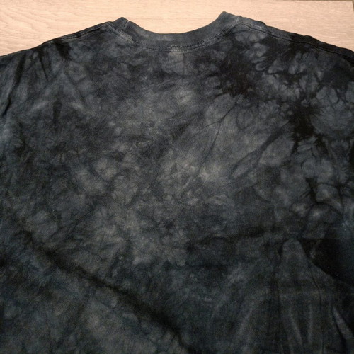 The Mountain T-shirt with wolf print and headphones, used, indigo tie-dye