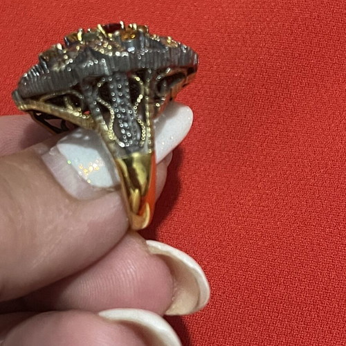 925 silver and 9K gold ring with diamonds and semi-precious stones, size 57