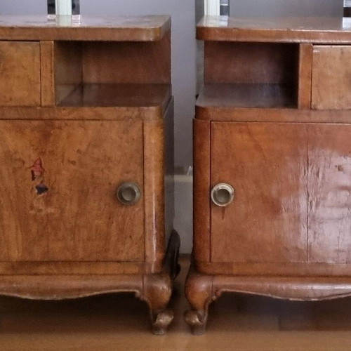 Vintage Art Deco nightstands used, walnut veneer, set of two