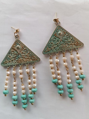 Handmade long earrings new with vintage metal element and turquoise stones