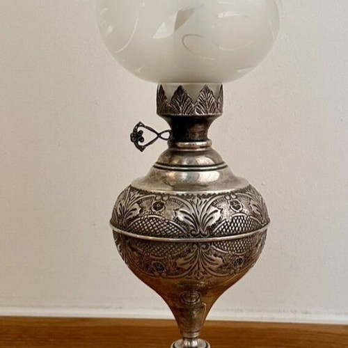 Collectible table lamp silver 925 with glass shade like new