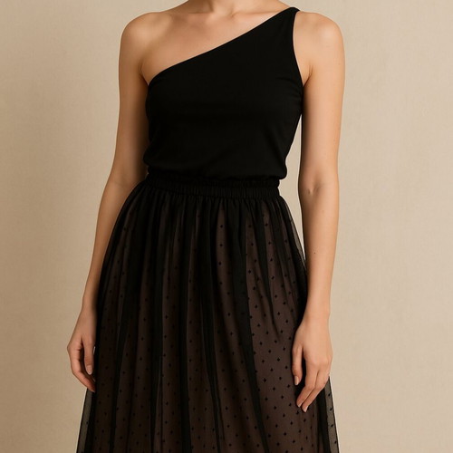 Skirt used with tulle on satin salmon base and black polka dots