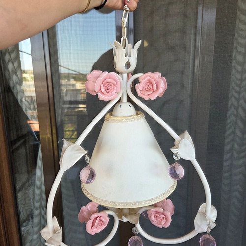 Ceiling light with pink metal roses, pink crystals and beige lampshade like new