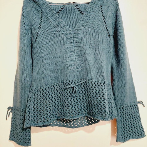 Long-sleeve knit sweater petrol with hood small - medium like new