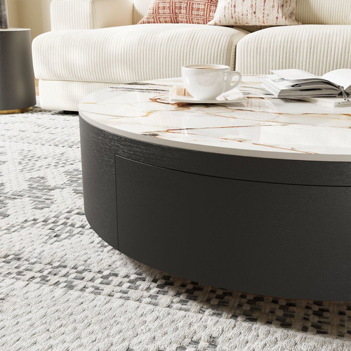 Modern coffee table with oak veneer and sintered stone top, new