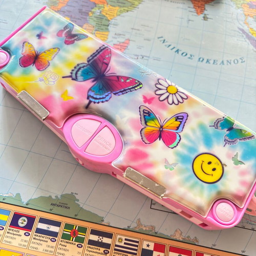 School pencil case with compartments for scissors and tape, pink