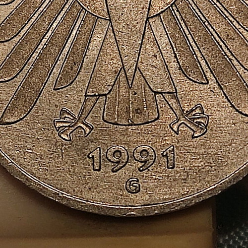 Germany 5 Mark 1991 coin like new, mint mark G Karlsruhe