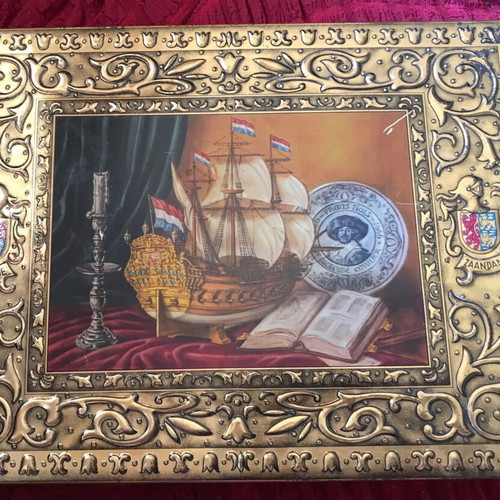 Vintage Verkade embossed metal biscuit tin used, 1940-1950