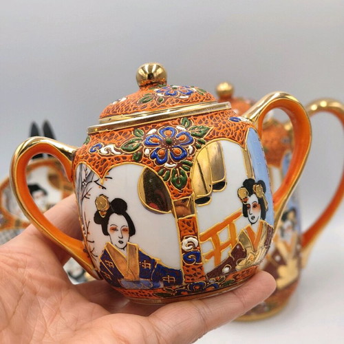 Satsuma Lithophane Geisha Japanese porcelain coffee set like new