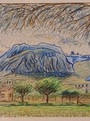 Landscape oil pastel in frame by Petros Skourtis new