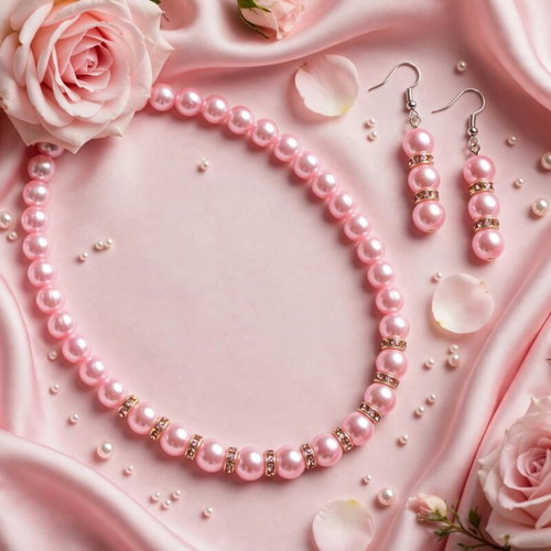 Handmade pink beaded necklace and earrings set new