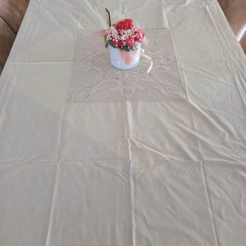 Handmade Beige Tablecloth with Crochet and Azur, like new, 193x188 cm