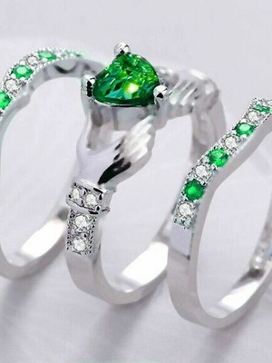 Set of 3 rings with emeralds and zircon, new, silver plated