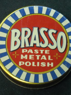 Brasso metal polish cream used, vintage metal tin