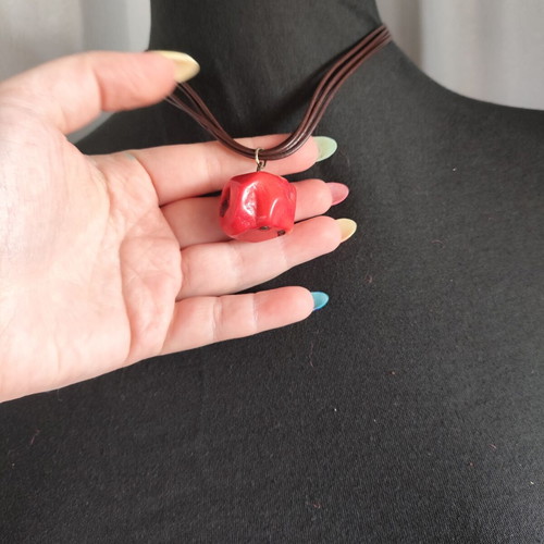Boho necklace with natural red coral pendant and brown multi-strand cord