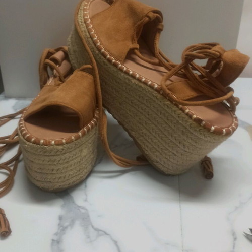 Espadrille platform shoes brown suede like new with long laces