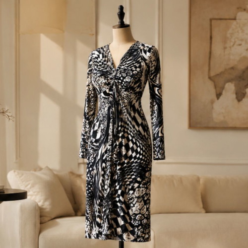 Viscose midi dress, black and white, size S