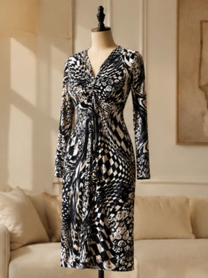 Viscose midi dress, black and white, size S