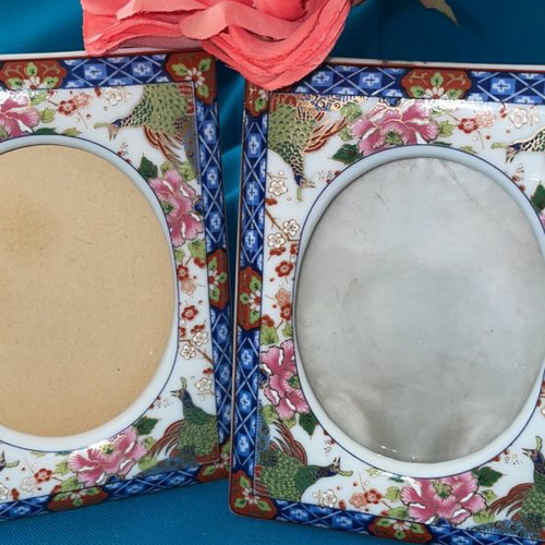 Porcelain painted frames used, set of 2 with flowers and peacocks