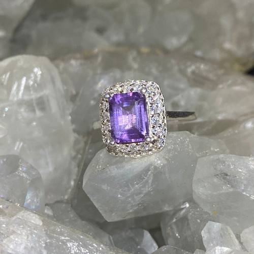 Silver ring with natural amethyst cut stone and moissanite, new